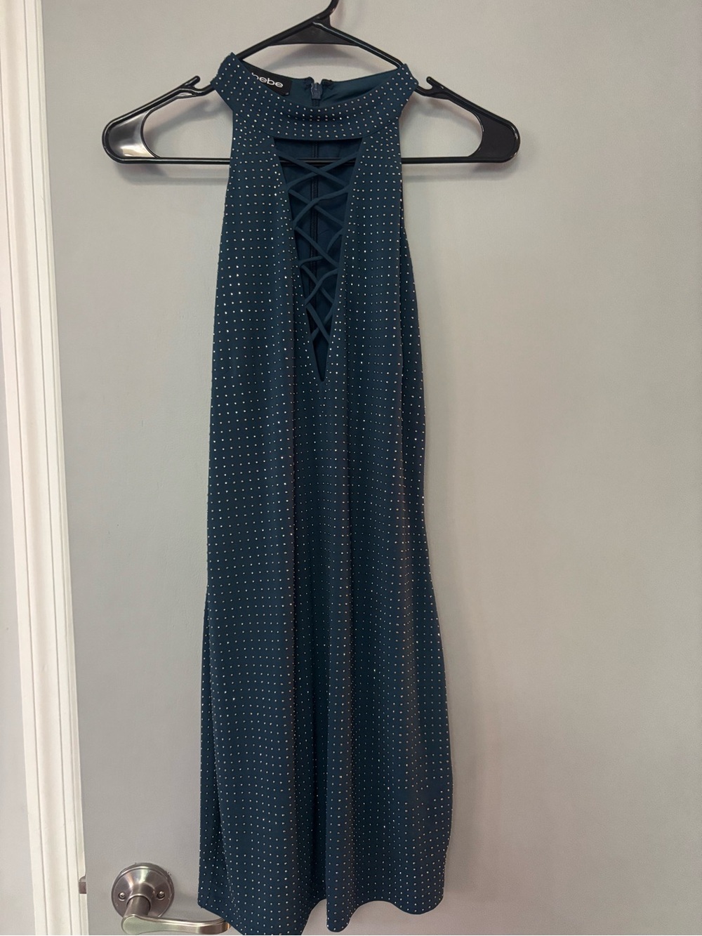 bebe Dark Teal Halter Midi Dress with Crisscross Lace-Up